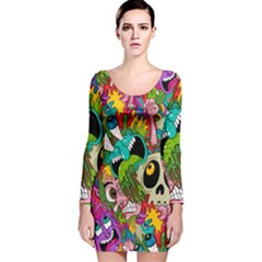 Crazy Illustrations & Funky Monster Pattern Long Sleeve Velvet Bodycon Dress