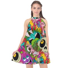 Crazy Illustrations & Funky Monster Pattern Halter Neckline Chiffon Dress  by BangZart