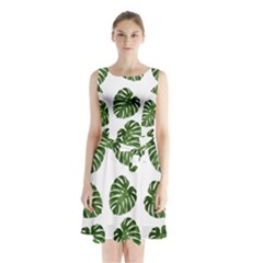 Leaf Pattern Seamless Background Sleeveless Waist Tie Chiffon Dress by BangZart