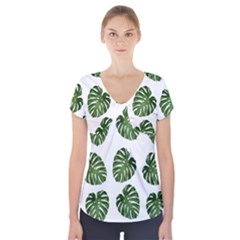 Leaf Pattern Seamless Background Short Sleeve Front Detail Top by BangZart