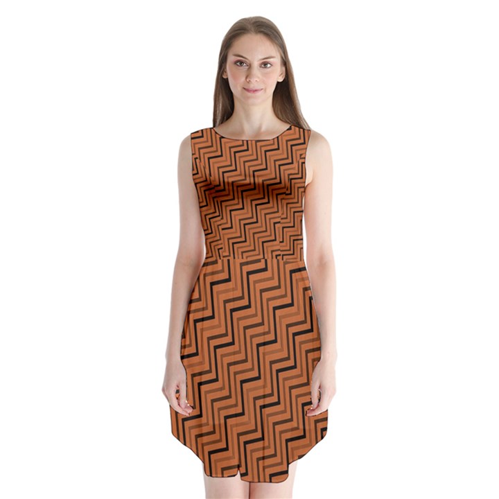 Brown Zig Zag Background Sleeveless Chiffon Dress  