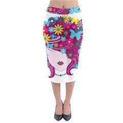 Beautiful Gothic Woman With Flowers And Butterflies Hair Clipart Midi Pencil Skirt