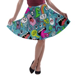 Monster Party Pattern A-line Skater Skirt by BangZart