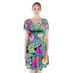 Monster Party Pattern Short Sleeve V-neck Flare Dress by BangZart