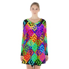 3d Fsm Tessellation Pattern Long Sleeve Velvet V-neck Dress