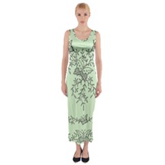 Illustration Of Butterflies And Flowers Ornament On Green Background Fitted Maxi Dress