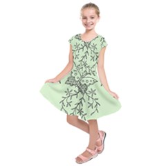 Illustration Of Butterflies And Flowers Ornament On Green Background Kids  Short Sleeve Dress