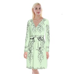 Illustration Of Butterflies And Flowers Ornament On Green Background Long Sleeve Velvet Front Wrap Dress