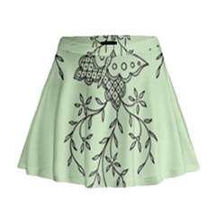 Illustration Of Butterflies And Flowers Ornament On Green Background Mini Flare Skirt