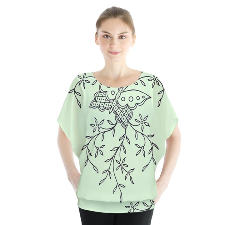 Illustration Of Butterflies And Flowers Ornament On Green Background Blouse