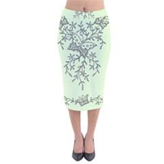 Illustration Of Butterflies And Flowers Ornament On Green Background Velvet Midi Pencil Skirt