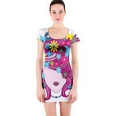 Beautiful Gothic Woman With Flowers And Butterflies Hair Clipart Short Sleeve Bodycon Dress