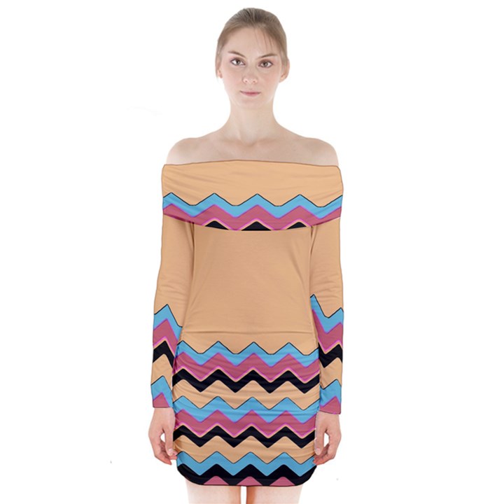 Chevrons Patterns Colorful Stripes Long Sleeve Off Shoulder Dress