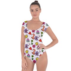 Cute Doodle Wallpaper Pattern Short Sleeve Leotard 