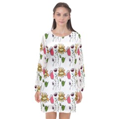 Handmade Pattern With Crazy Flowers Long Sleeve Chiffon Shift Dress 