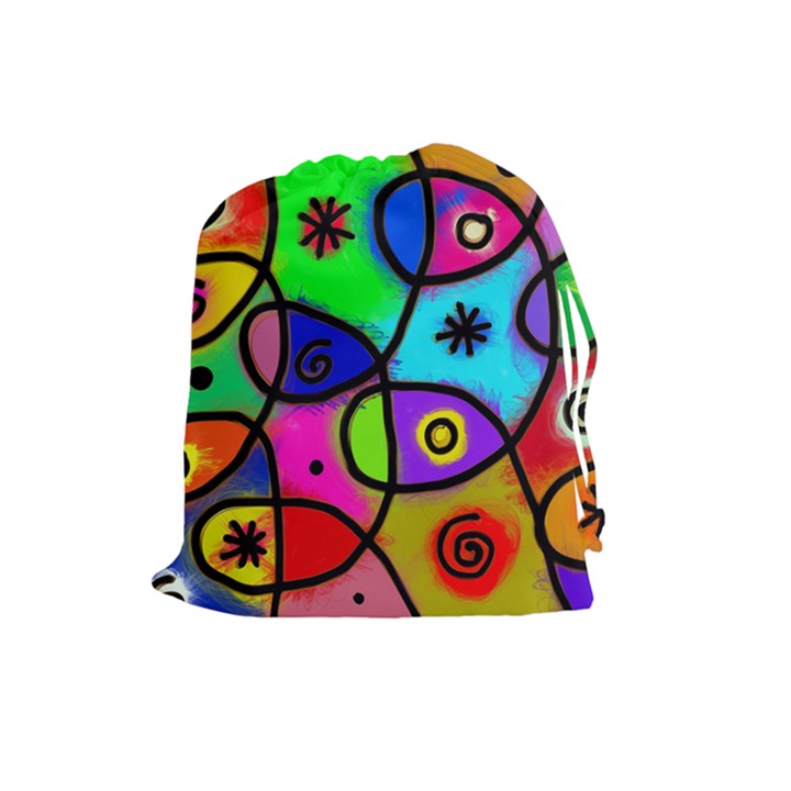 Digitally Painted Colourful Abstract Whimsical Shape Pattern Drawstring Pouches (Large) 