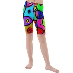 Digitally Painted Colourful Abstract Whimsical Shape Pattern Kids  Mid Length Swim Shorts