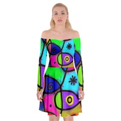 Digitally Painted Colourful Abstract Whimsical Shape Pattern Off Shoulder Skater Dress