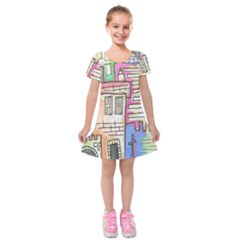 A Village Drawn In A Doodle Style Kids  Short Sleeve Velvet Dress