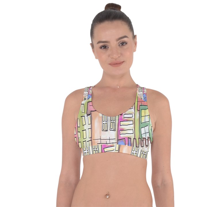 A Village Drawn In A Doodle Style Cross String Back Sports Bra