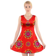 Rainbow Colors Geometric Circles Seamless Pattern On Red Background V-neck Sleeveless Skater Dress