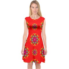 Rainbow Colors Geometric Circles Seamless Pattern On Red Background Capsleeve Midi Dress