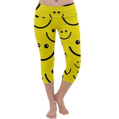 Digitally Created Yellow Happy Smile  Face Wallpaper Capri Yoga Leggings by BangZart