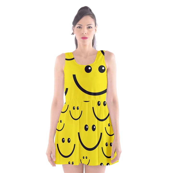 Digitally Created Yellow Happy Smile  Face Wallpaper Scoop Neck Skater Dress