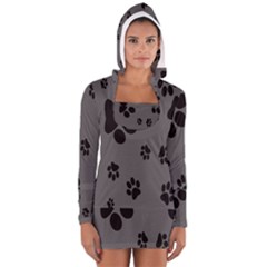 Dog Foodprint Paw Prints Seamless Background And Pattern Women s Long Sleeve Hooded T-shirt