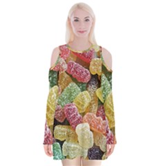 Jelly Beans Candy Sour Sweet Velvet Long Sleeve Shoulder Cutout Dress