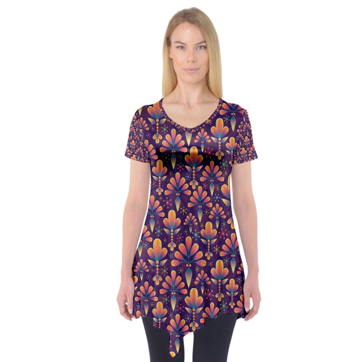 Abstract Background Floral Pattern Short Sleeve Tunic 