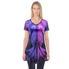 Beautiful Lilac Fractal Feathers Of The Starling Short Sleeve Tunic  by jayaprime