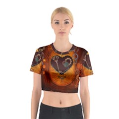 Steampunk, Heart With Gears, Dragonfly And Clocks Cotton Crop Top by FantasyWorld7