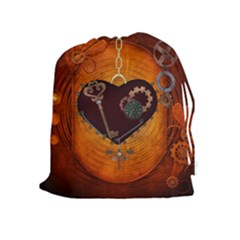 Steampunk, Heart With Gears, Dragonfly And Clocks Drawstring Pouches (extra Large) by FantasyWorld7