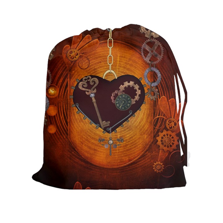 Steampunk, Heart With Gears, Dragonfly And Clocks Drawstring Pouches (XXL)