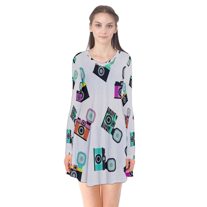 Old cameras pattern                       Long Sleeve V-neck Flare Dress