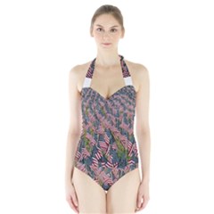 Repetition Retro Wallpaper Stripes Halter Swimsuit