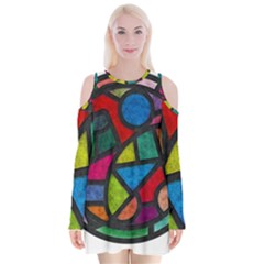 Stained Glass Color Texture Sacra Velvet Long Sleeve Shoulder Cutout Dress