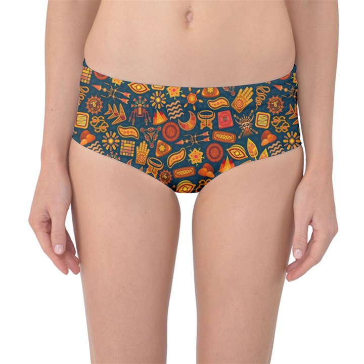 Pattern Background Ethnic Tribal Mid-Waist Bikini Bottoms