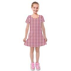 Usa Flag Red Blood Large Gingham Check Kids  Short Sleeve Velvet Dress by PodArtist