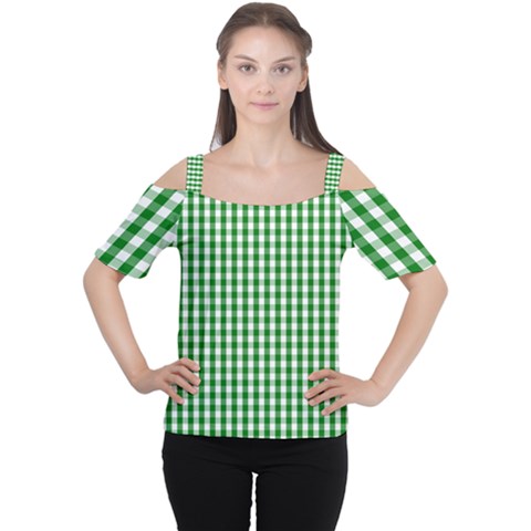 Christmas Green Velvet Large Gingham Check Plaid Pattern Women s Cutout Shoulder Tee by PodArtist