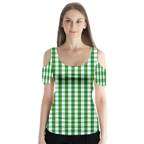 Christmas Green Velvet Large Gingham Check Plaid Pattern Butterfly Sleeve Cutout Tee  by PodArtist