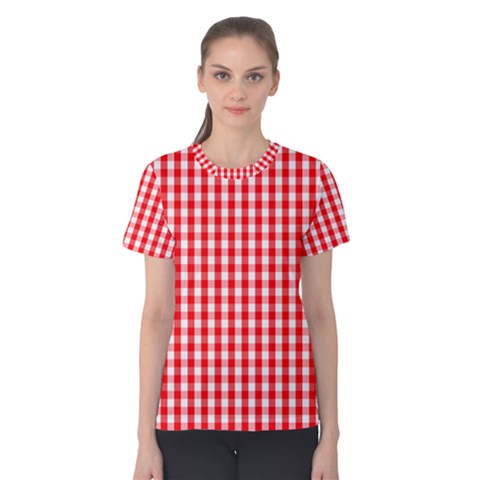 Christmas Red Velvet Large Gingham Check Plaid Pattern Women s Cotton Tee by PodArtist