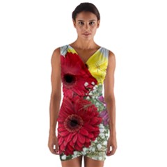 Flowers Gerbera Floral Spring Wrap Front Bodycon Dress