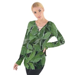 Texture Leaves Light Sun Green Women s Tie Up Tee