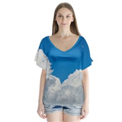 Sky Clouds Blue White Weather Air Flutter Sleeve Top