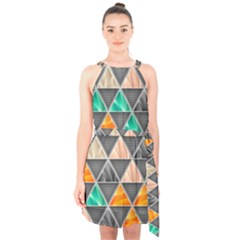 Abstract Geometric Triangle Shape Halter Collar Waist Tie Chiffon Dress