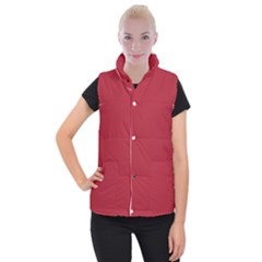 Usa Flag Red Blood Red Classic Solid Color  Women s Button Up Puffer Vest by PodArtist