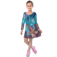 Feather Fractal Artistic Design Kids  Long Sleeve Velvet Dress by BangZart