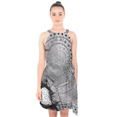 Fragmented Fractal Memories And Gunpowder Glass Halter Collar Waist Tie Chiffon Dress by jayaprime